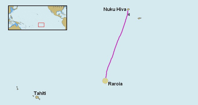 Carte de notre traversée Nuku Hiva - Raroia