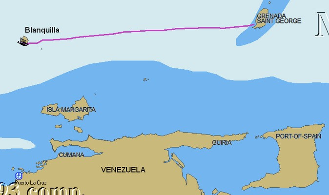 Carte de notre traversée entre grenade et Blanquilla